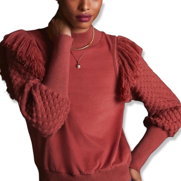 Anthropologie Sweaters - ANTHROPOLOGIE Dolan Statement Rust Knit Fringe Mock Neck Sweater Balloon Sleeve